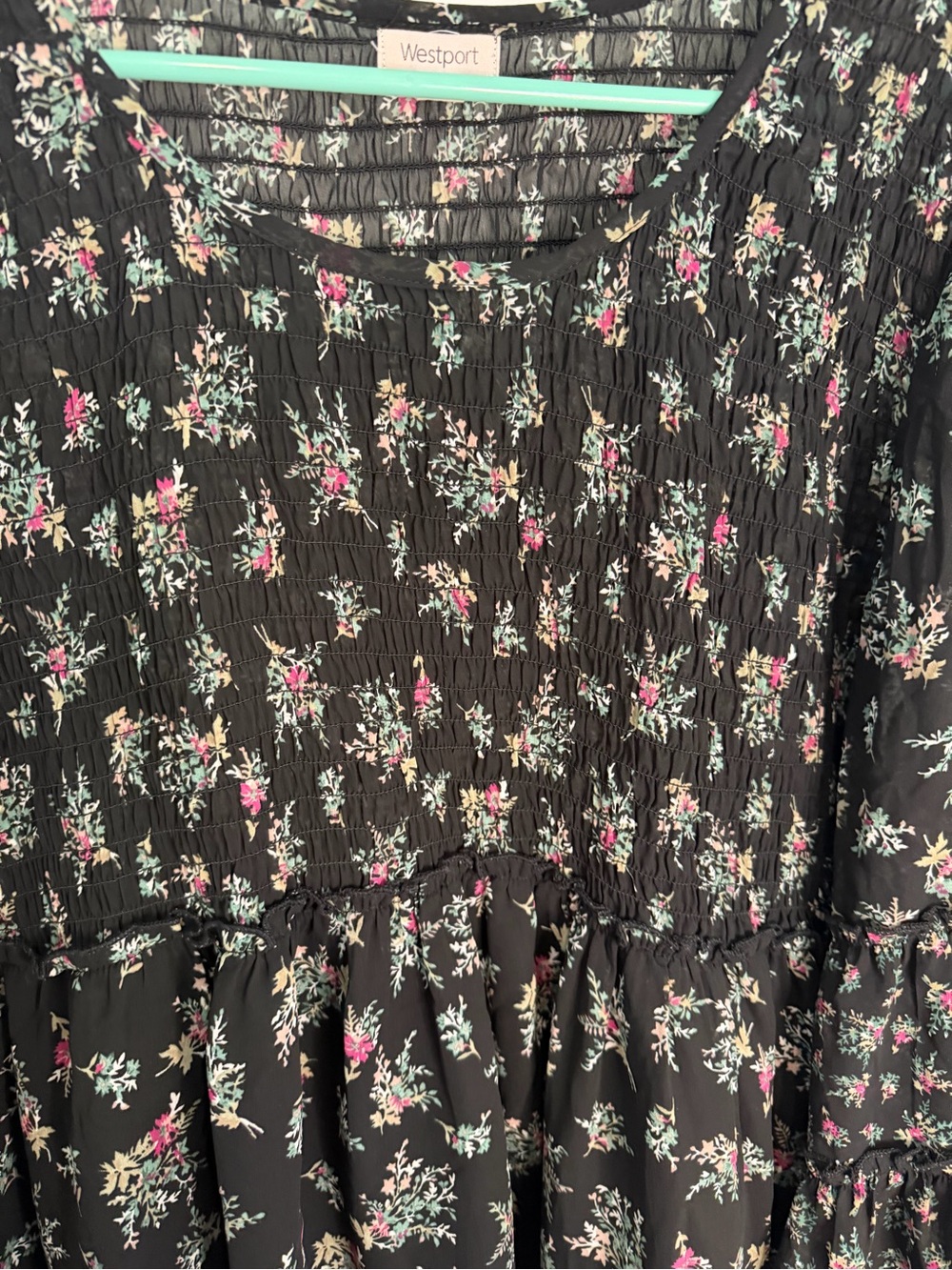 Westport Black Floral Smocked Long Sleeve Sheer Boho Peasant Blouse - Picture 5 of 6
